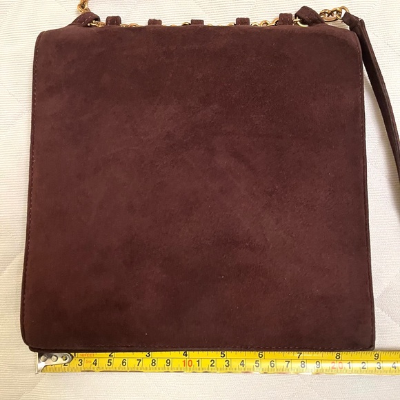 Cocoa Brown color real suede leather shoulder bag clutch purse gold metal accent - Picture 6 of 7